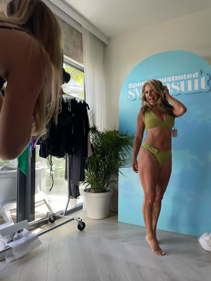 Denise Austin at her fitting for the SI Swimsuit runway show.
